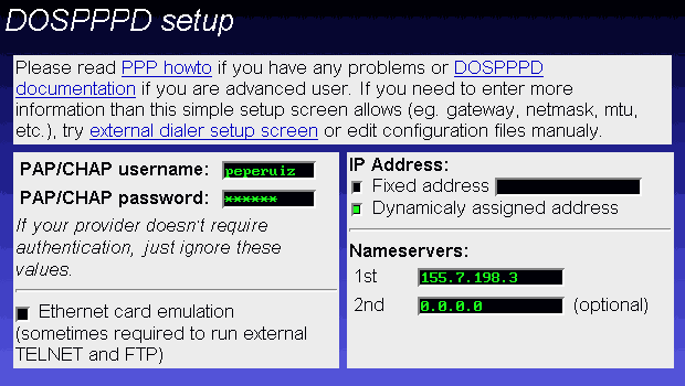 Pantallazo 1 del setup del DOSPPPD con los datos ejemplo