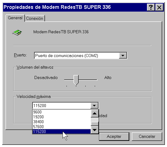 Pantallazo de la configuracin de un mdem 33.600 en Windows 98