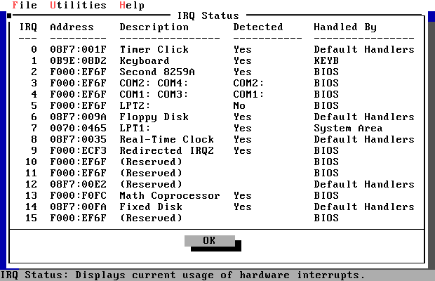 Pantallazo de la utilidad MSD de Microsoft mostrando la pantalla de IRQs. Aparentemente están libres las número 10, 11, 12 y 15.