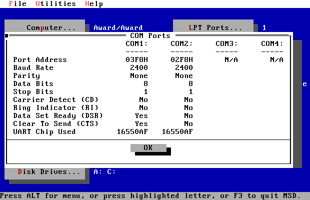 Pantallazo de la utilidad MSD de Microsoft mostrando la pantalla de puertos COM. Aparentemente disponemos de una UART 16550AF.