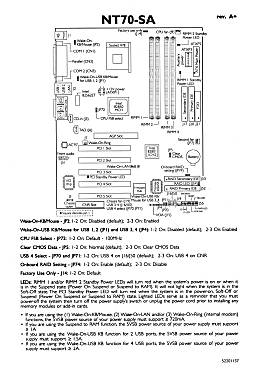 Pegatina-resumen de los componentes, conectores, etc., de la DFI NT70-SA - Copyright de la imagen DFI Inc.