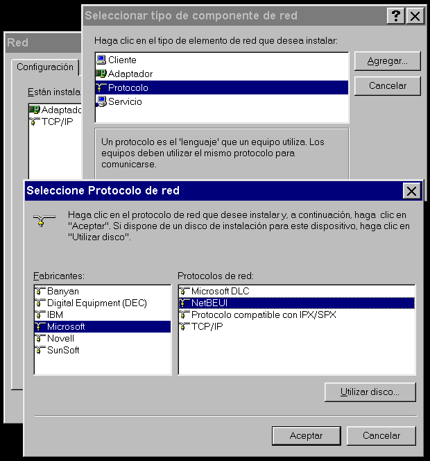 Pantallazo de Windows 95 mostrando parte del soporte para redes incorporado