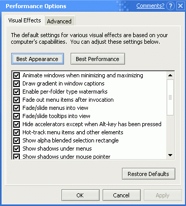 Configuración de los efectos visuales en Microsoft Whistler 5.01.2416